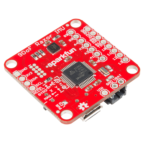 가속도계·자이로·자력계 축이 표기된 SparkFun 9DoF Razor IMU 모듈
